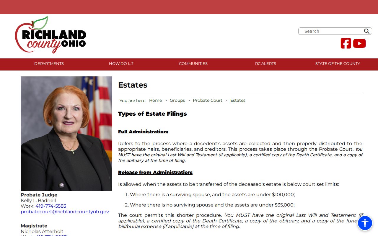 Richland County civil docket probate estate records information