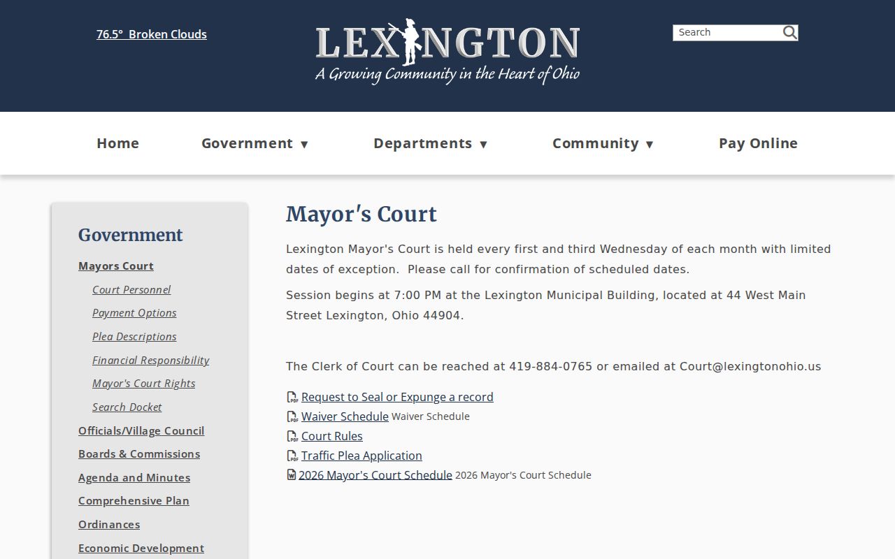 Richland County court calendar Lexington Mayor’s Court schedule information