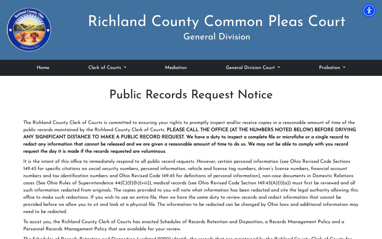 Richland County court records Legal Division public-record request notice