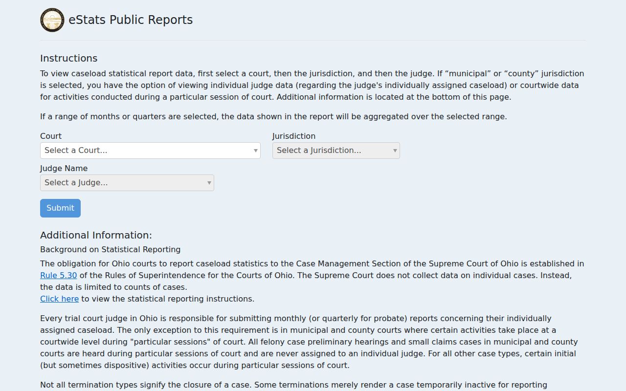 Richland County court docket Ohio eStats court report selectors