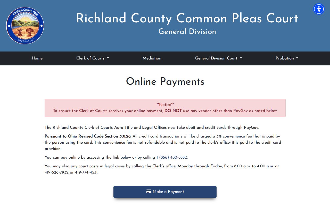 Richland County traffic court records Common Pleas payment notice and municipal traffic redirect